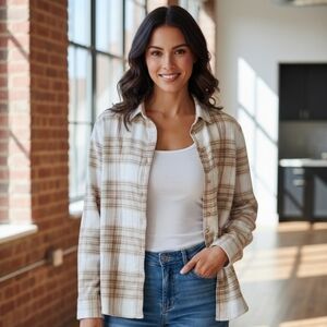 American Eagle Flannel Shirt Size S Brown Cream Plaid Unisex Super Soft Knit